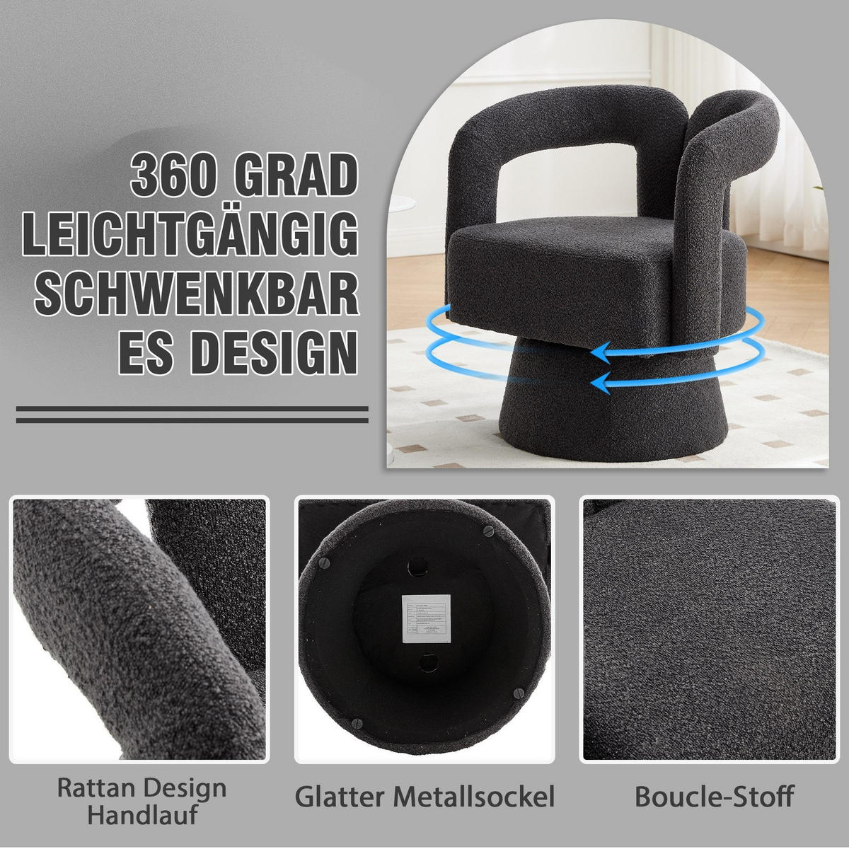 DREHSTUHL 360°Drehsessel Loungesessel mit Polsterung,Boucle,Dunkelgrau - Dunkelgrau, Textil (67/74/55cm) - LVHOM