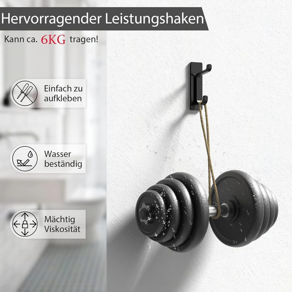 KLEBEHAKEN 2-teiliges Set Schwarz 6 kg Tragkraft - Schwarz, Metall (3.3/8/2.2cm)