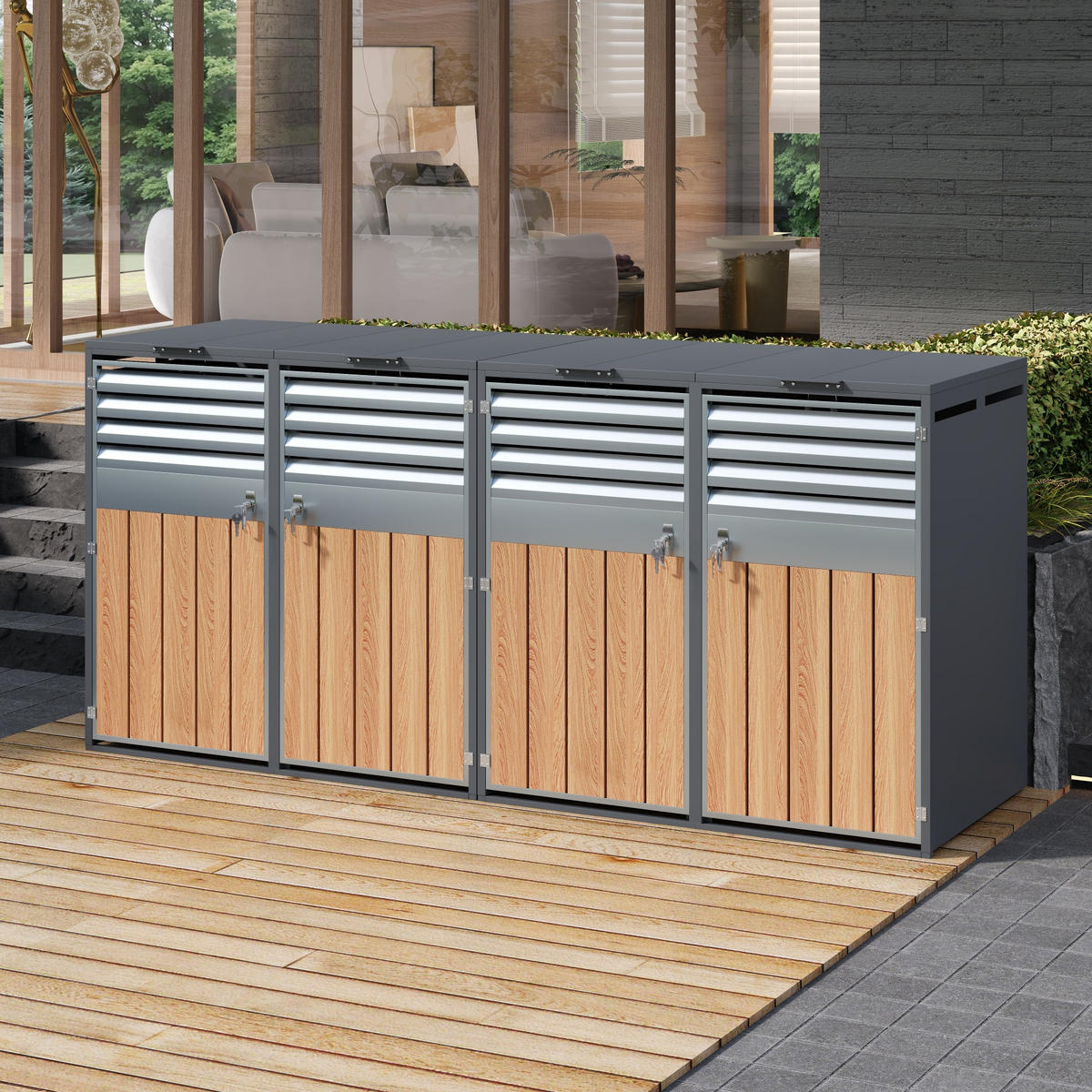 MÜLLTONNENBOX Pflanzdach 4er-Set Holzmaserung Grau - Grau, Metall (132/124/80cm) - ComfortXL