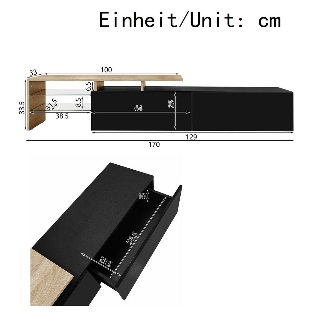 TV-SCHRANK Modern Hochglanzschwarz Holzoptik Glasböden LED-Beleuchtung - Schwarz, Holz (42.19/18.42/143cm) - FLIEKS