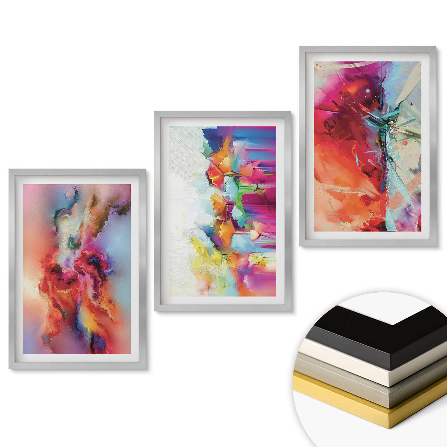 WANDBILDER 3er Set - 40x60 cm Silberner Rahmen - Farbenfrohe Abstraktionen der Form - Silberfarben, Kunststoff (40/60cm) - ArtPrintCave