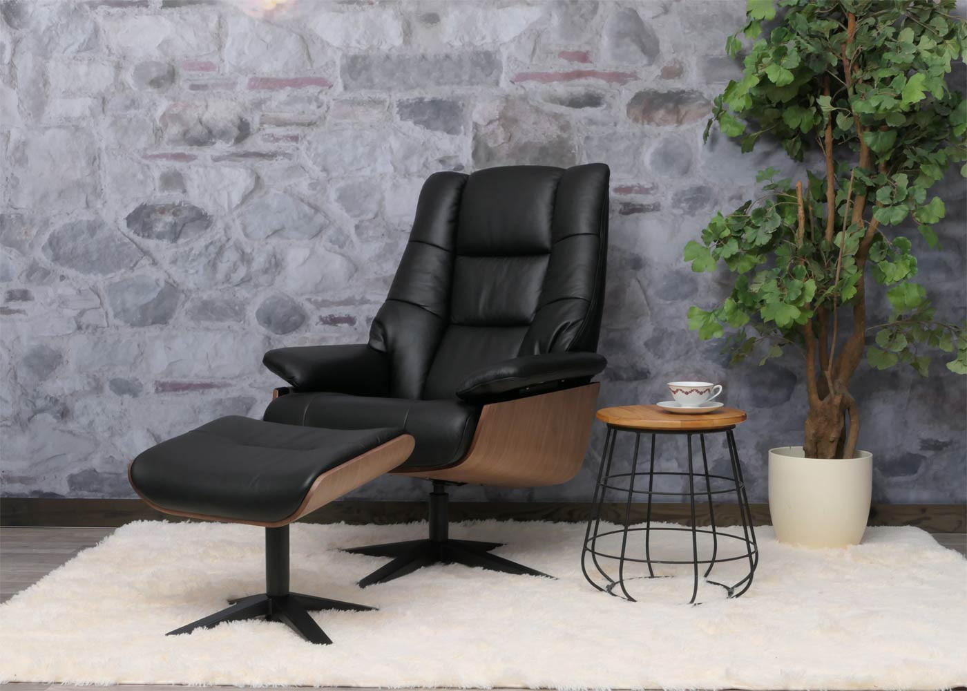 RELAXSESSEL + HOCKER Schwarz - Schwarz, Leder (81/125/106cm) - MCW