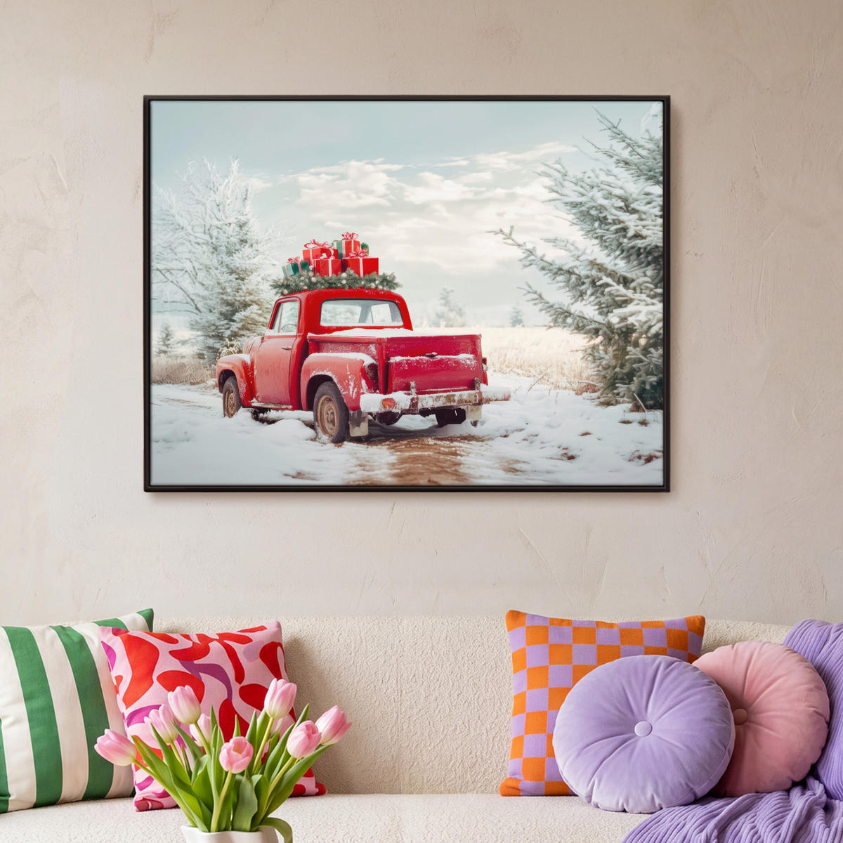 LEINWAND Bilder mit Rahmen - Auto - Rot - Geschenke - Winter - Schnee - Weihnachten - 100x70 - Rot, Textil (100/70cm) - MuchoWow