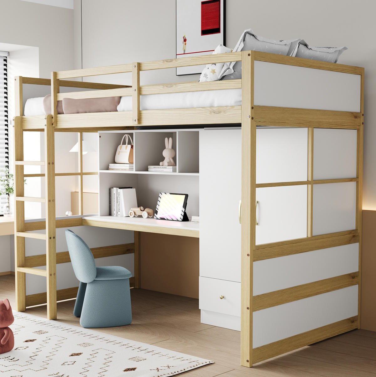 HOCHBETT 90/200 cm aus Holz mit Schreibtisch, Kleiderschrank und Schubladen Naturfarben - Naturfarben, Holz (90/200cm) - Modenvie