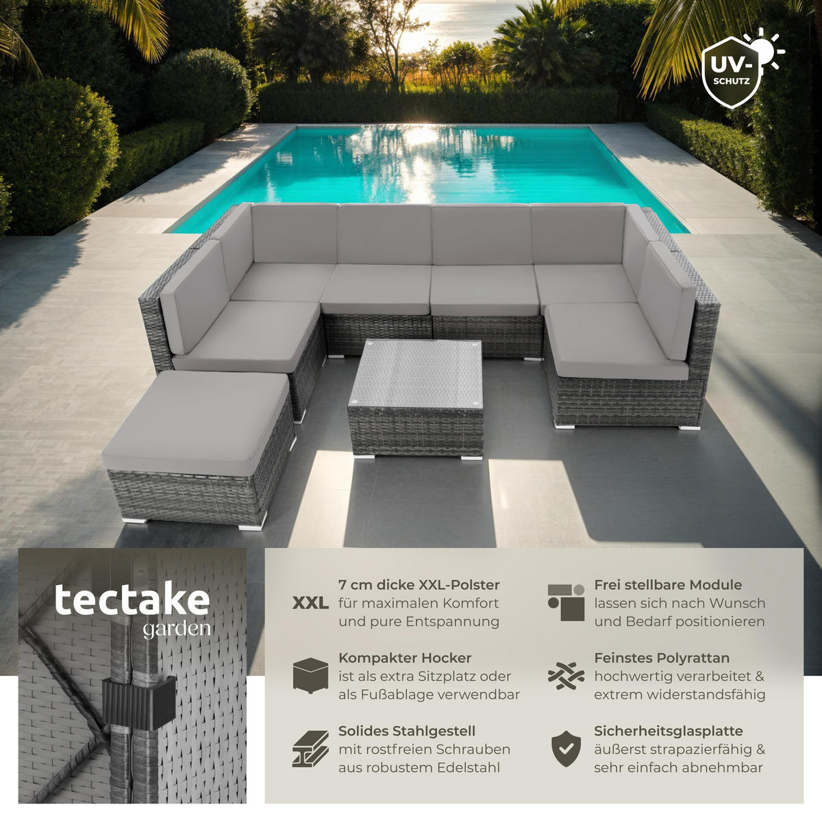 RATTANLOUNGE Venedig, mit Sicherheitsglasplatte, grau - Grau, Kunststoff - tectake