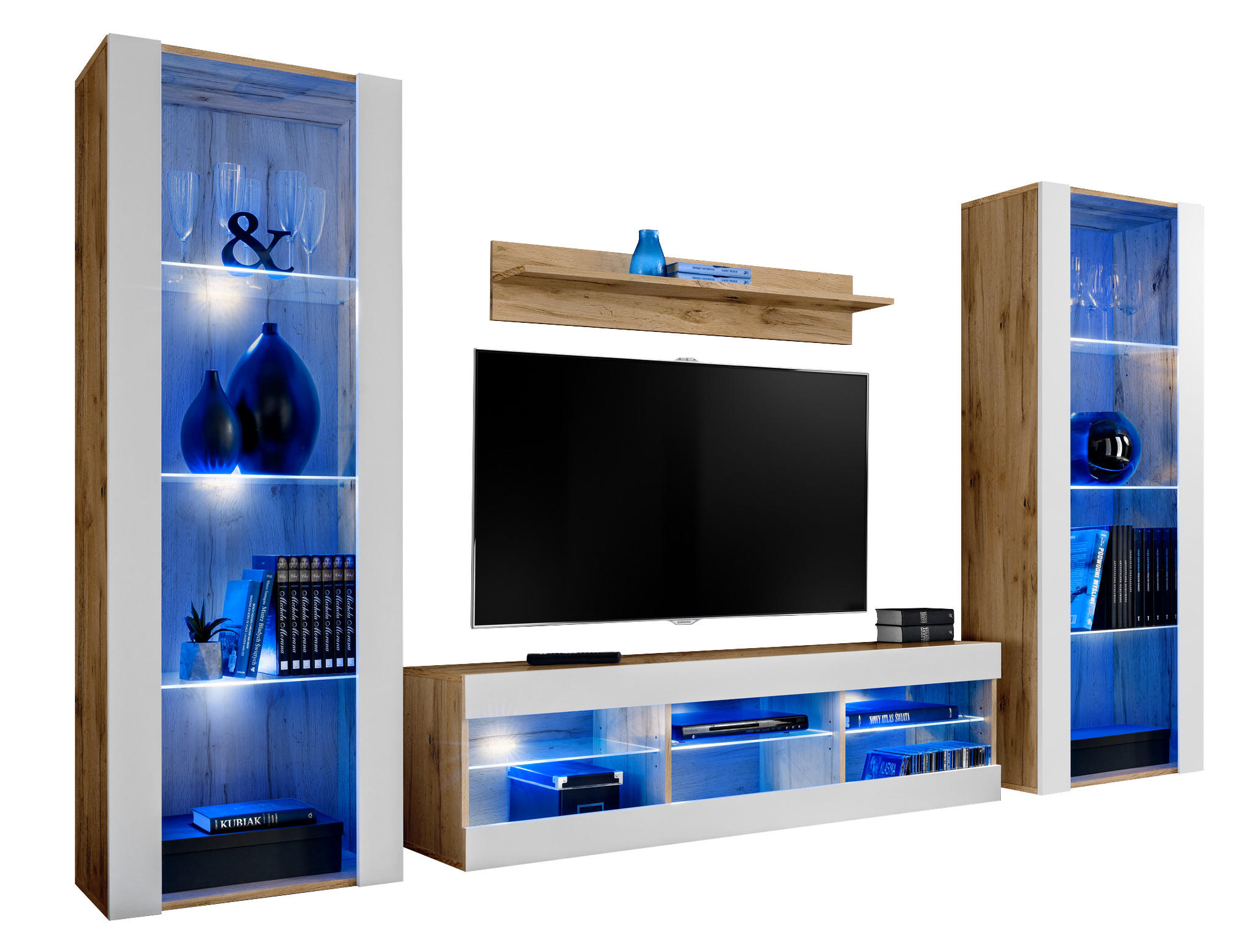 WOHNZIMMERSET TIVOLI GRANDE, 4er-Set, Weiss, LED Blau - Eiche Wotan/Weiß, Glas/Holzwerkstoff (250/159/35cm) - Komodee