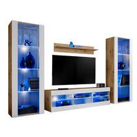 WOHNZIMMERSET TIVOLI GRANDE, 4er-Set, Weiss, LED Blau - Eiche Wotan/Weiß, Glas/Holzwerkstoff (250/159/35cm) - Komodee
