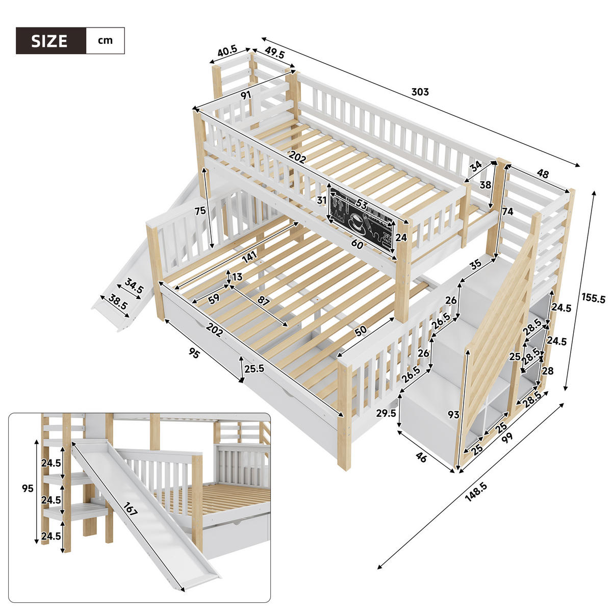 ETAGENBETT 90/200 cm & 140/200 cm in Weiß & Natur mit Rutsche, Tafel und Stauraum - Weiß, Holz/Holzwerkstoff (140/200cm) - CHICFURN