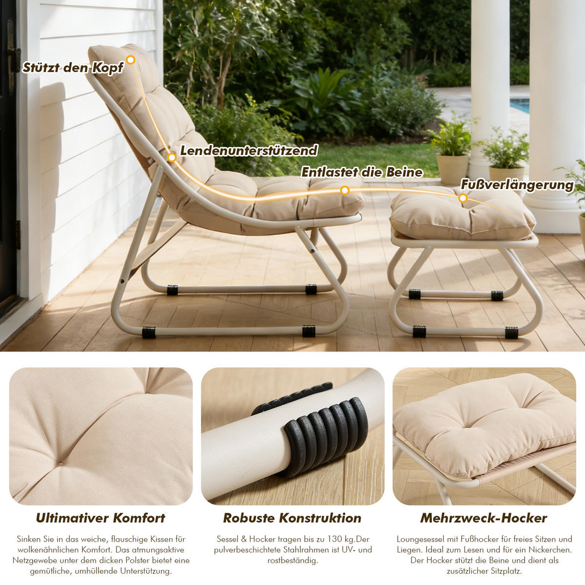 SESSELSET, Relaxsessel mit Hocker,Stahlrahmen,Polyester,Beige - Beige, Metall (78/86/65cm) - LVHOM