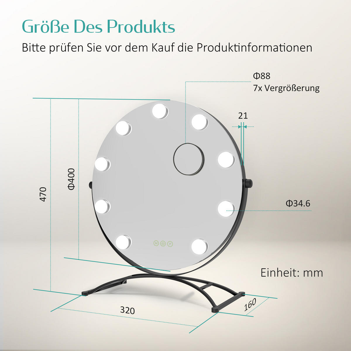 KOSMETIKSPIEGEL Rund mit Beleuchtung, Schwarz, Ø40 cm - Schwarz, Glas (40/16/40cm) - EMKE