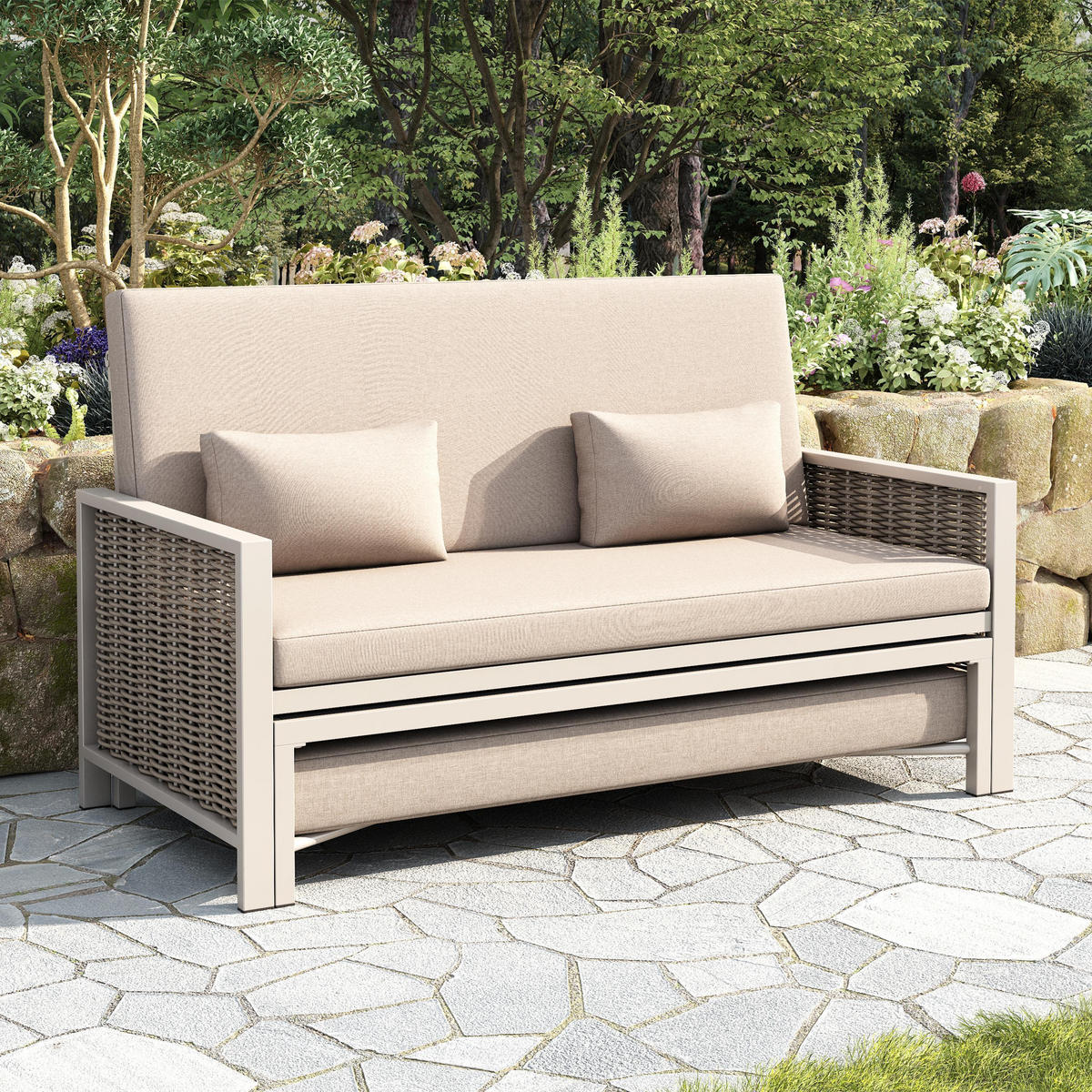 GARTENSOFA Verstellbare Rückenlehne (5-stufig, 0-65°), Khaki + Beige - Beige, Metall (131.5/91/151.3cm) - KOMHTOM