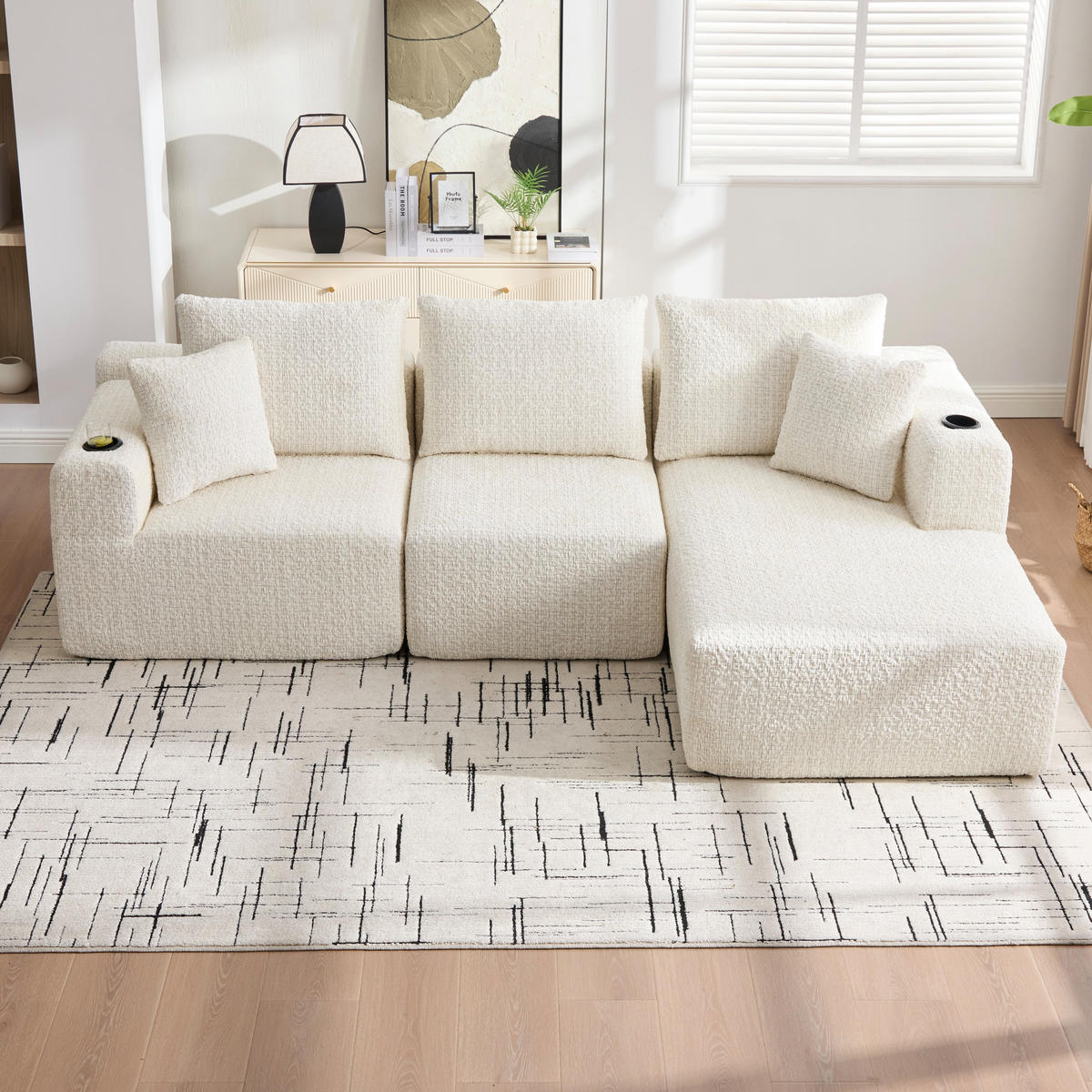 ECKSOFA Chenille Beige mit Seitentaschen - Beige, Textil (261/164cm) - WISHDOR