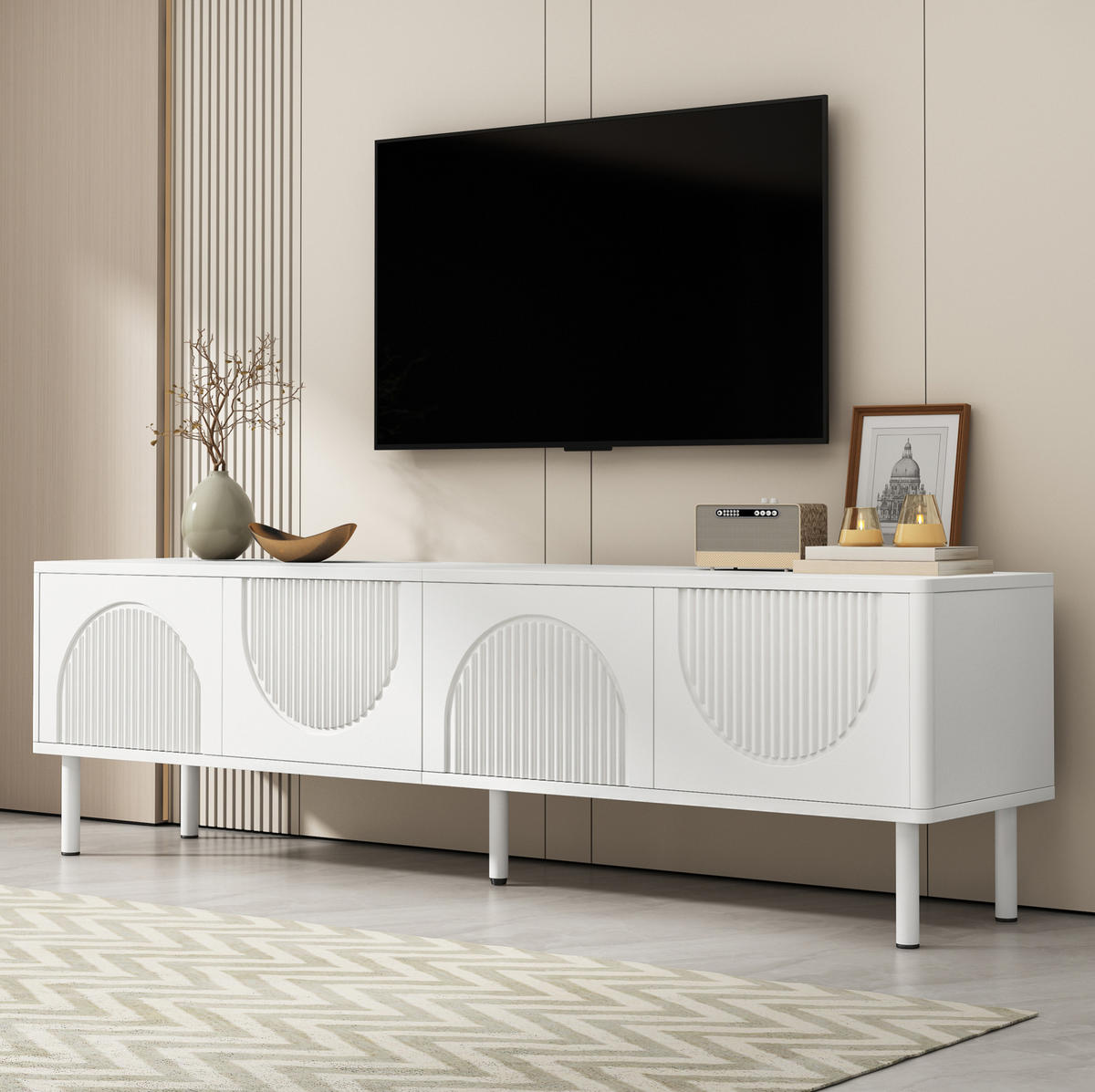 TV-LOWBOARD mit 4 Fächern 180 cm Weiß aus MDF und Spanplatte - Weiß, Holzwerkstoff (40/52/180cm) - Beauniv