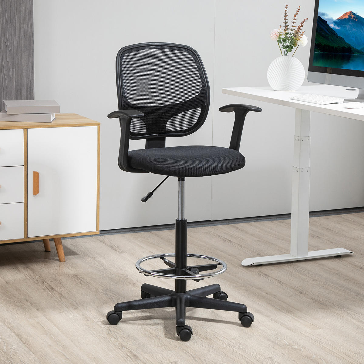 ARBEITSSTUHL Mesh Zeichenstuhl 360° Bürostuhl mit Fußring höhenverstellbar - Schwarz, Kunststoff/Textil (56/132/60cm) - Vinsetto