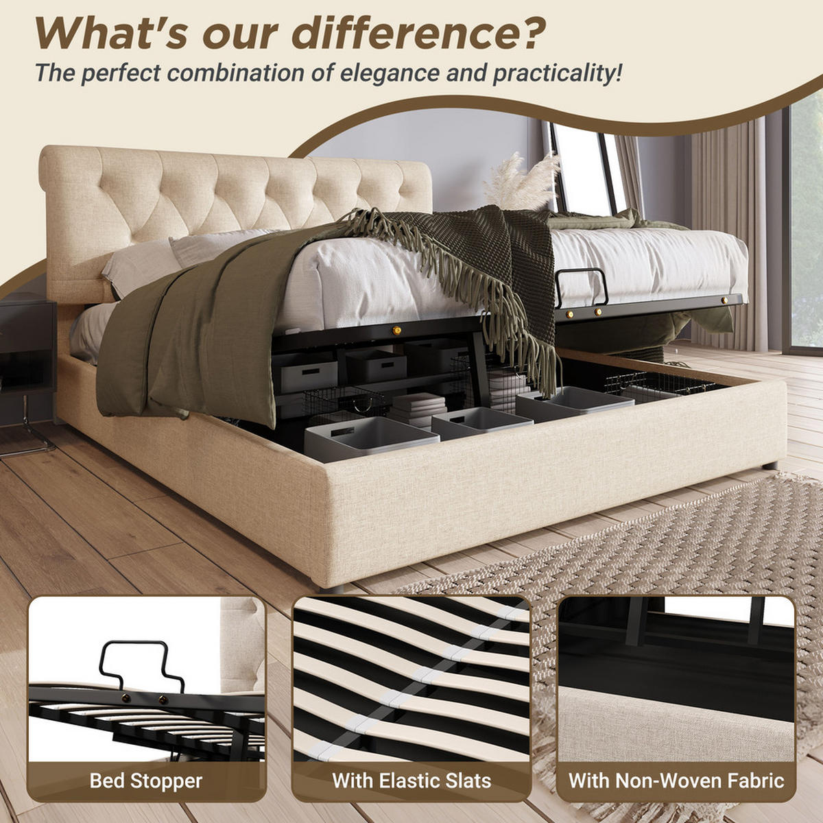 POLSTERBETT 140x200cm Doppelbett hydraulisch verstellbares Kopfteil Stauraum Natürlich - Braun, Holz - FLIEKS