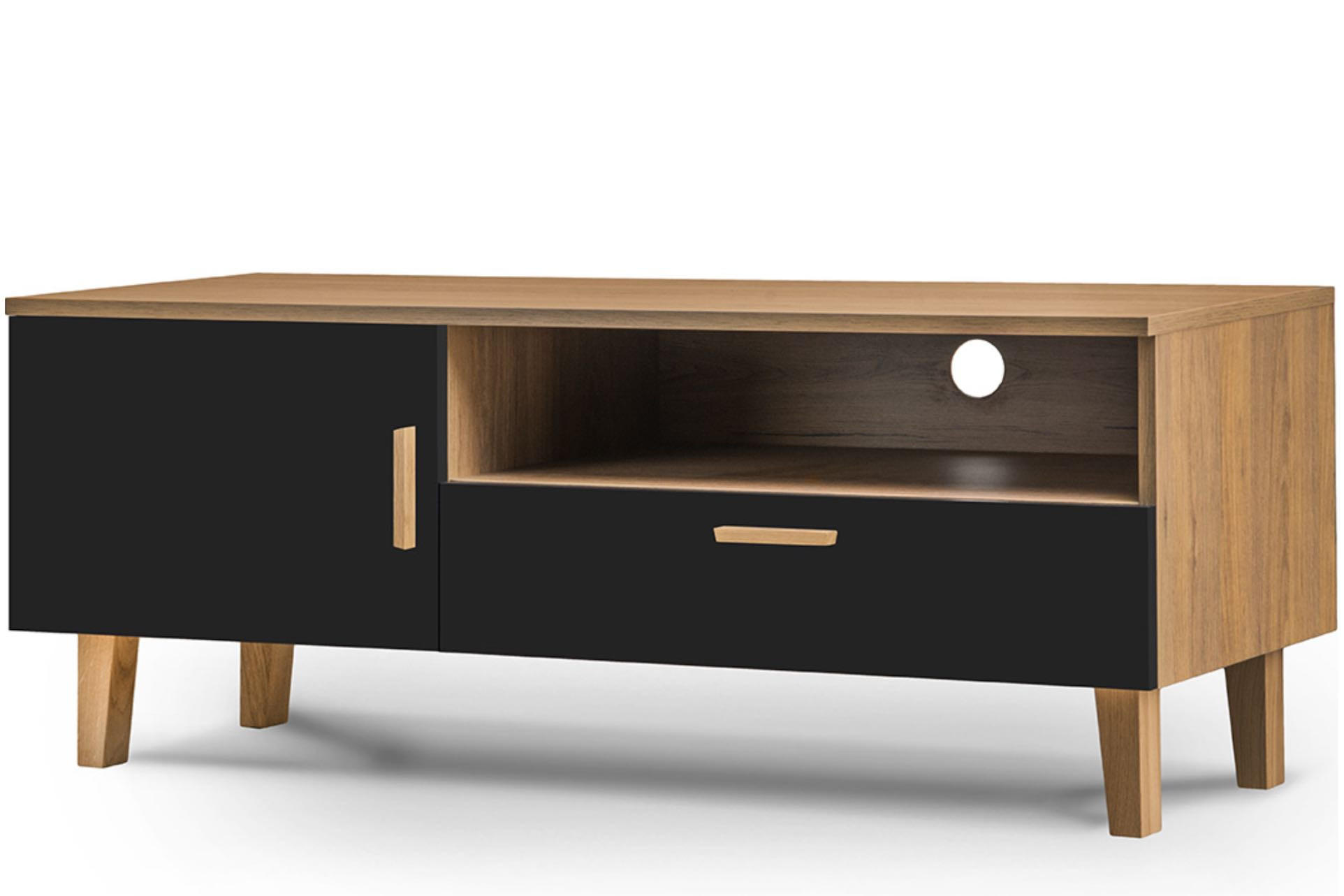 LOWBOARD FRISK TV-Schränke mit Schublade und Türe, schwarz - Schwarz, Eichenholz/Holzwerkstoff (126/49/46cm) - KONSIMO®
