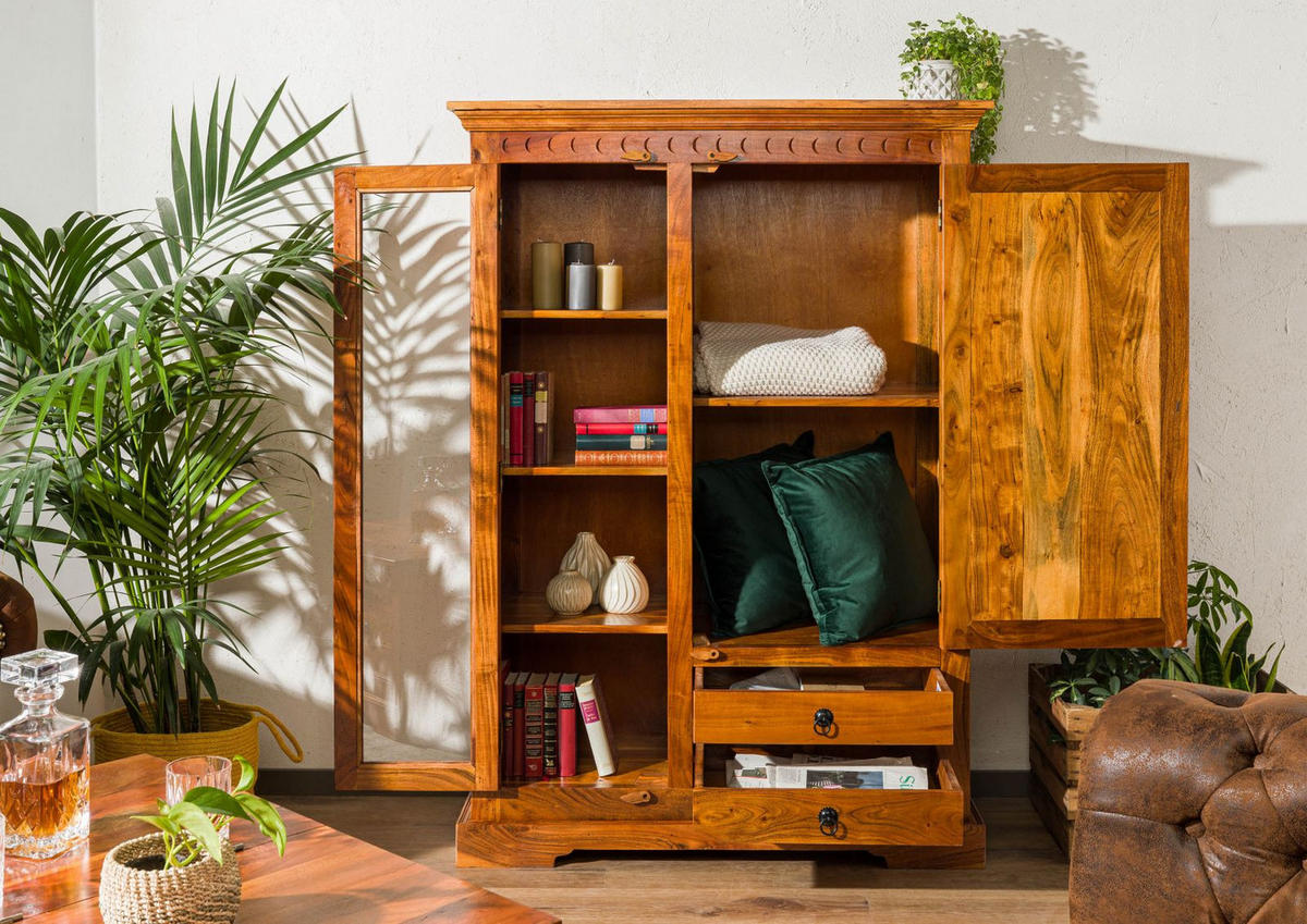 VITRINE Akazie 110x45x155 honig lackiert OXFORD #0425 - Braun, Holz (110/155/45cm) - Massivmoebel24