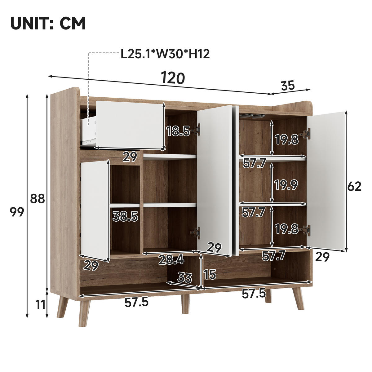 SCHUHSCHRANK aus Spanplatte 120x35x99cm in Natur mit 4 Türen & Schublade - Naturfarben, Holzwerkstoff (120/99/35cm) - Modfu