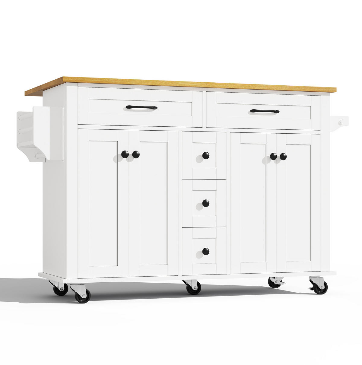 KÜCHENINSEL 140/40(65)/89 cm mit ausklappbarer Arbeitsplatte, 5 Schubladen und Rollen aus MDF, Weiß/Natur - Weiß, Holzwerkstoff (140/89/65cm) - Redom