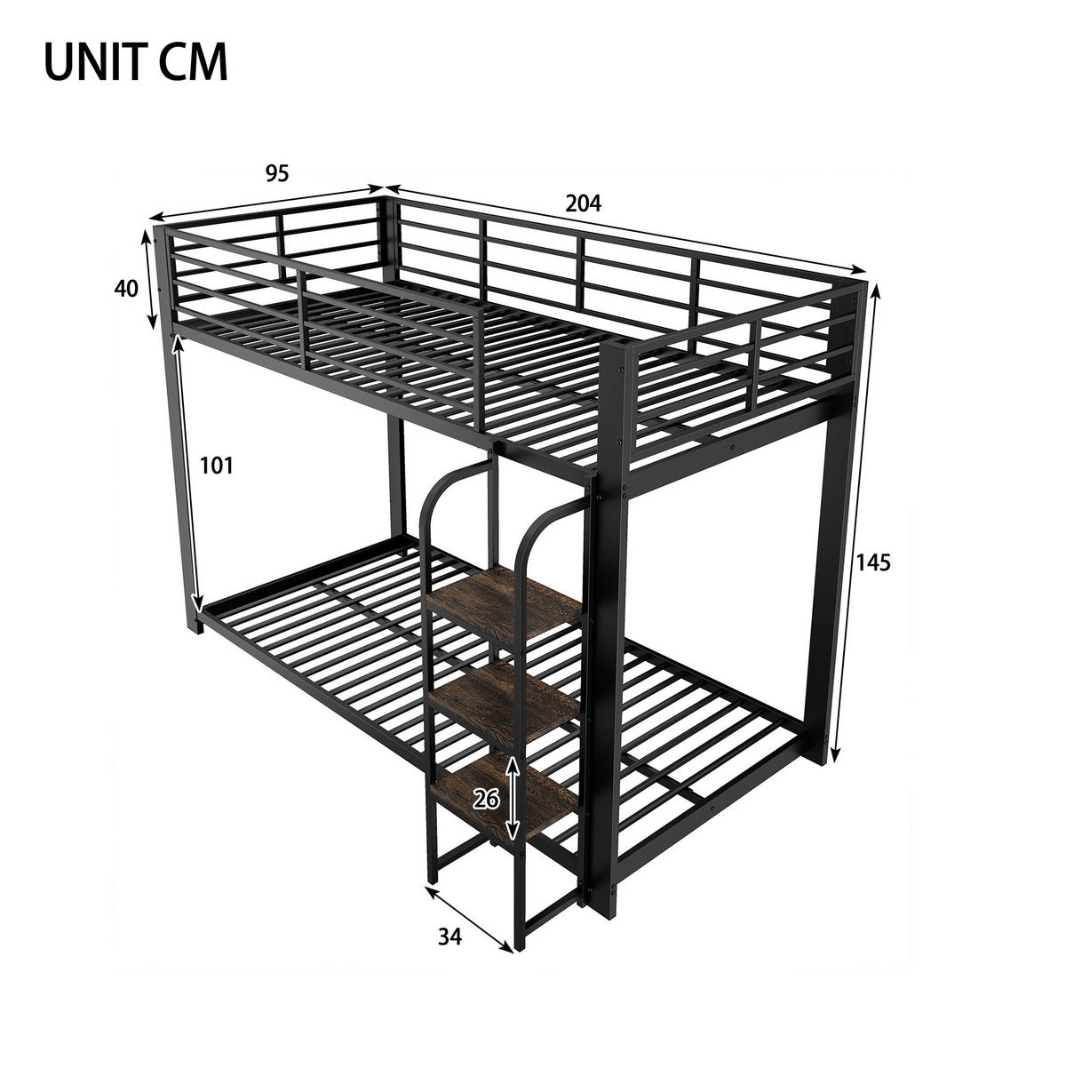 ETAGENBETT 90/200 cm aus Metall in Schwarz mit breiten Holzstufen - Schwarz, Metall (90/200cm) - Modenvie