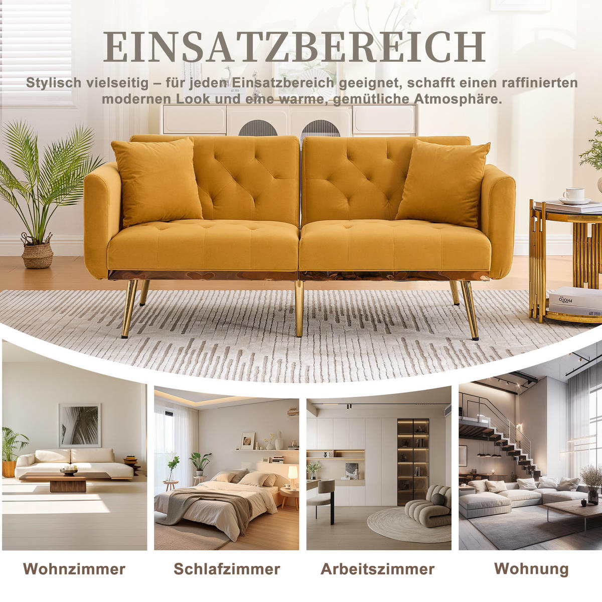 SCHLAFSOFA Samt mit verstellbarer Rückenlehne Senfgelb 165/72,5/75 cm - Gelb, Textil (72.5/75/165cm)