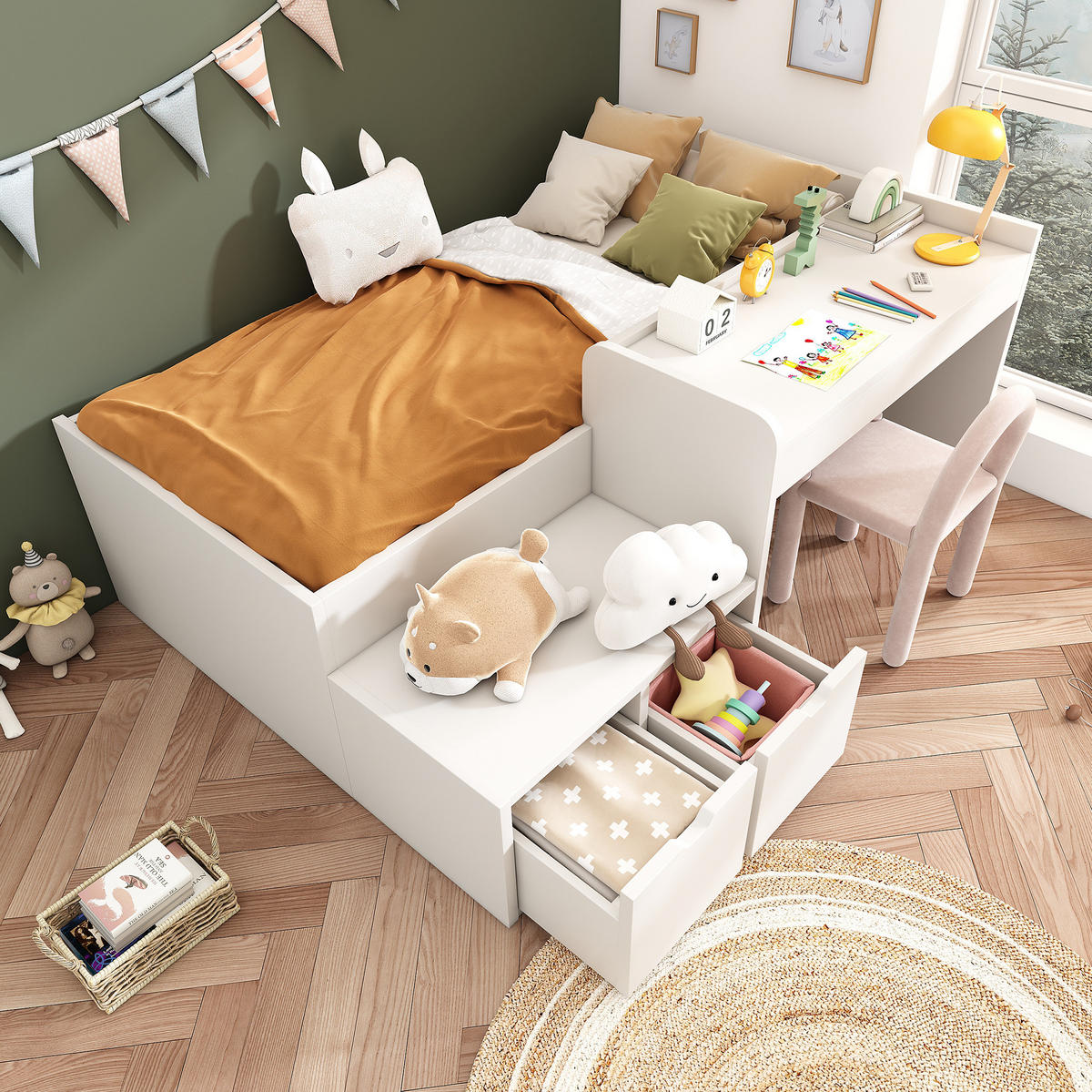 KINDERBETT 90/200 cm Weiß aus Kiefer-Massivholz und MDF mit Schreibtisch und Schubladen - Weiß, Holz (90/200cm) - OKMYHOME