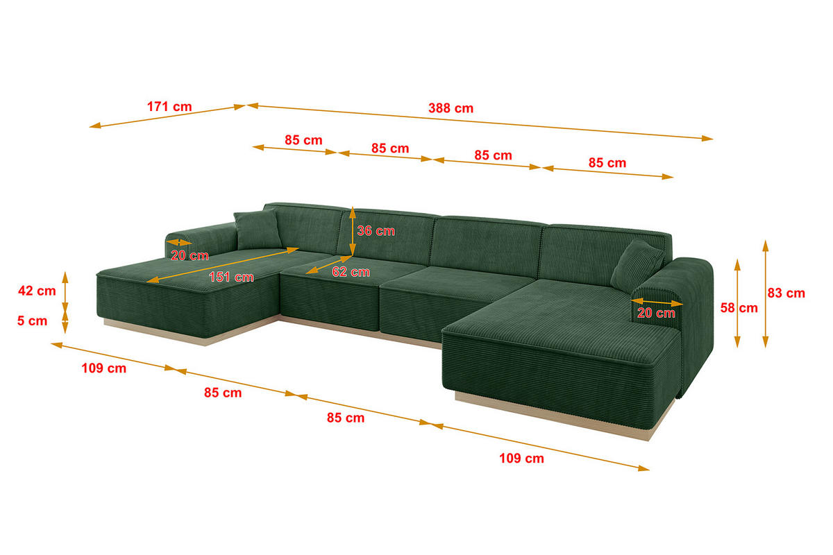 WOHNLANDSCHAFT IREA-U2 - 388x171x83 cm Grün - Currygelb, Holzwerkstoff/Textil (388/83/171cm) - ALTDECOR