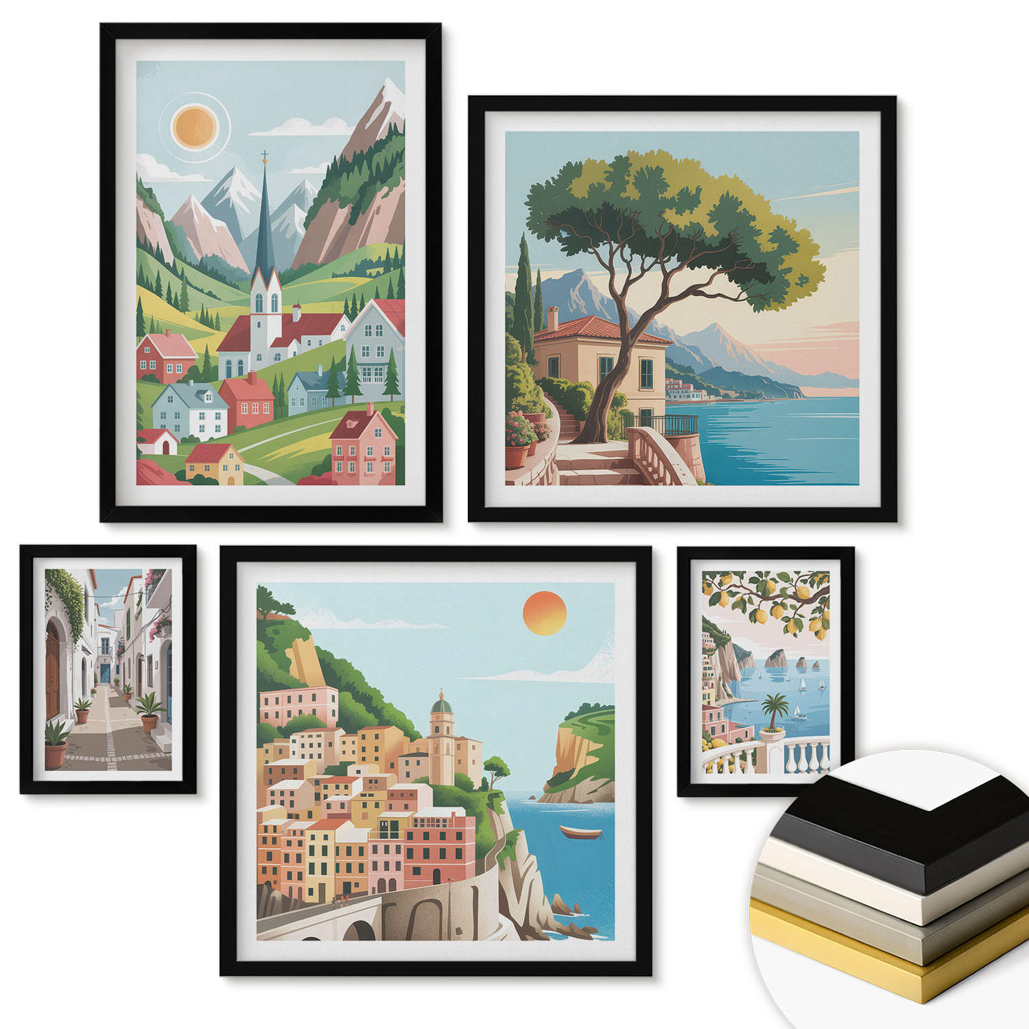 WANDBILDER 5er-Set - 50x50 cm & 20x30 cm & 40x60 cm Schwarzer Rahmen - Löwenzahn-Wassertropfen - Schwarz, Kunststoff (40/60cm) - ArtPrintCave