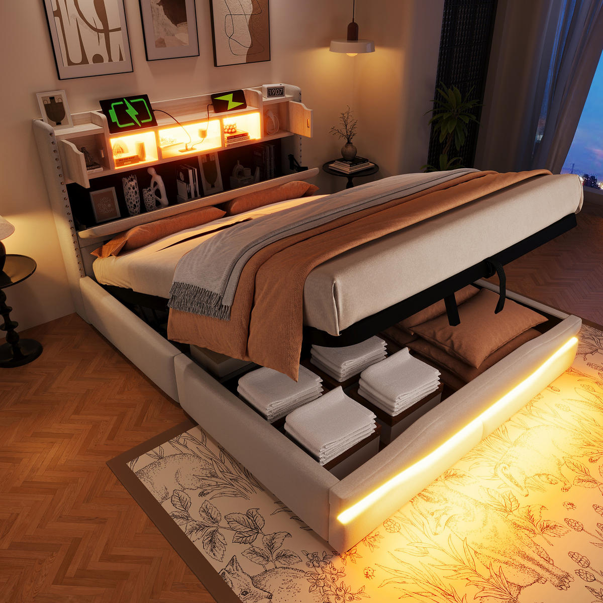 POLSTERBETT 140/200 cm Beige aus Leinen mit Bettkasten und LED-Beleuchtung - Beige, Textil (140/200cm) - OKMYHOME