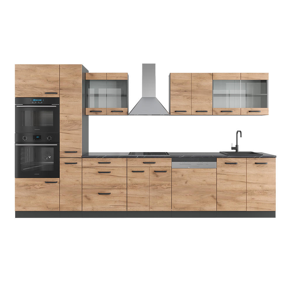 KÜCHENZEILE R-Line Goldkraft Eiche/Anthrazit 350 cm mit Hochschrank ohne AP - Anthrazit/Eiche Wotan, Holzwerkstoff (350/81.6/46cm) - Vicco