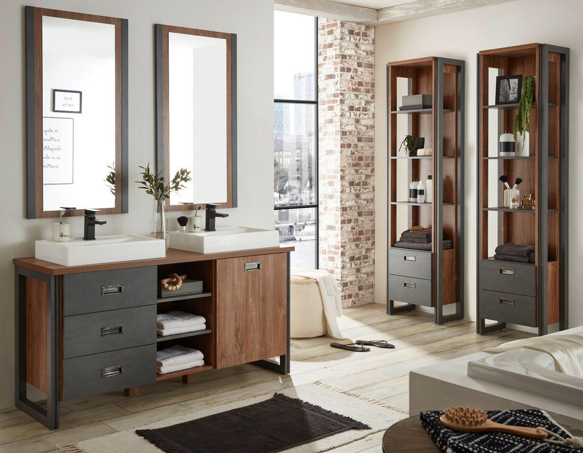 DOPPELWASCHTISCH Eiche Stirling, Matera grau inklusive 2 x Waschbecken 138 x 75 cm - Eichefarben/Grau, Holzwerkstoff/Metall (138/85/40cm) - Furn.Design