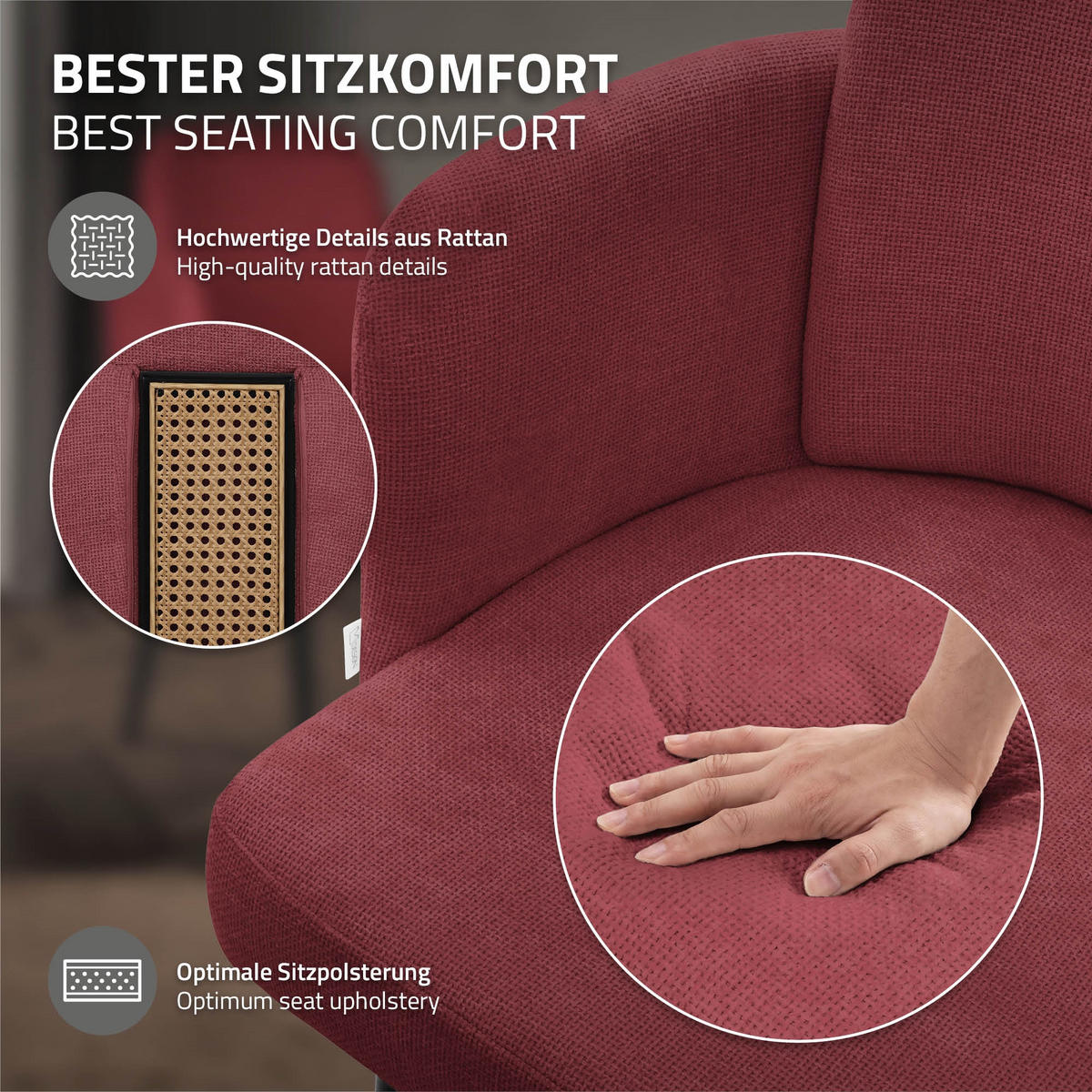 ESSZIMMERSTÜHLE 4er Set Rot mit Stoffbezug Rattan Optik - Rot/Schwarz, Textil/Metall (59/86/59cm) - ML-DESIGN