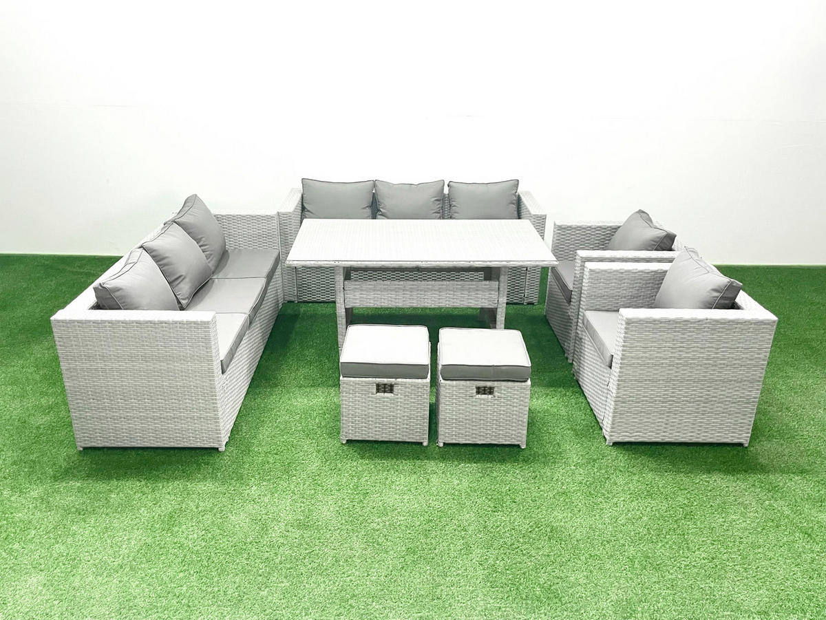 GARTENMÖBEL SET mit 3-Sitzer-Sofa und 2 Stühle, Esstisch,2 Hockern Polyrattan Hellgrau 10-Sitzer - Hellgrau/Grau, Glas/Kunststoff - Fimous