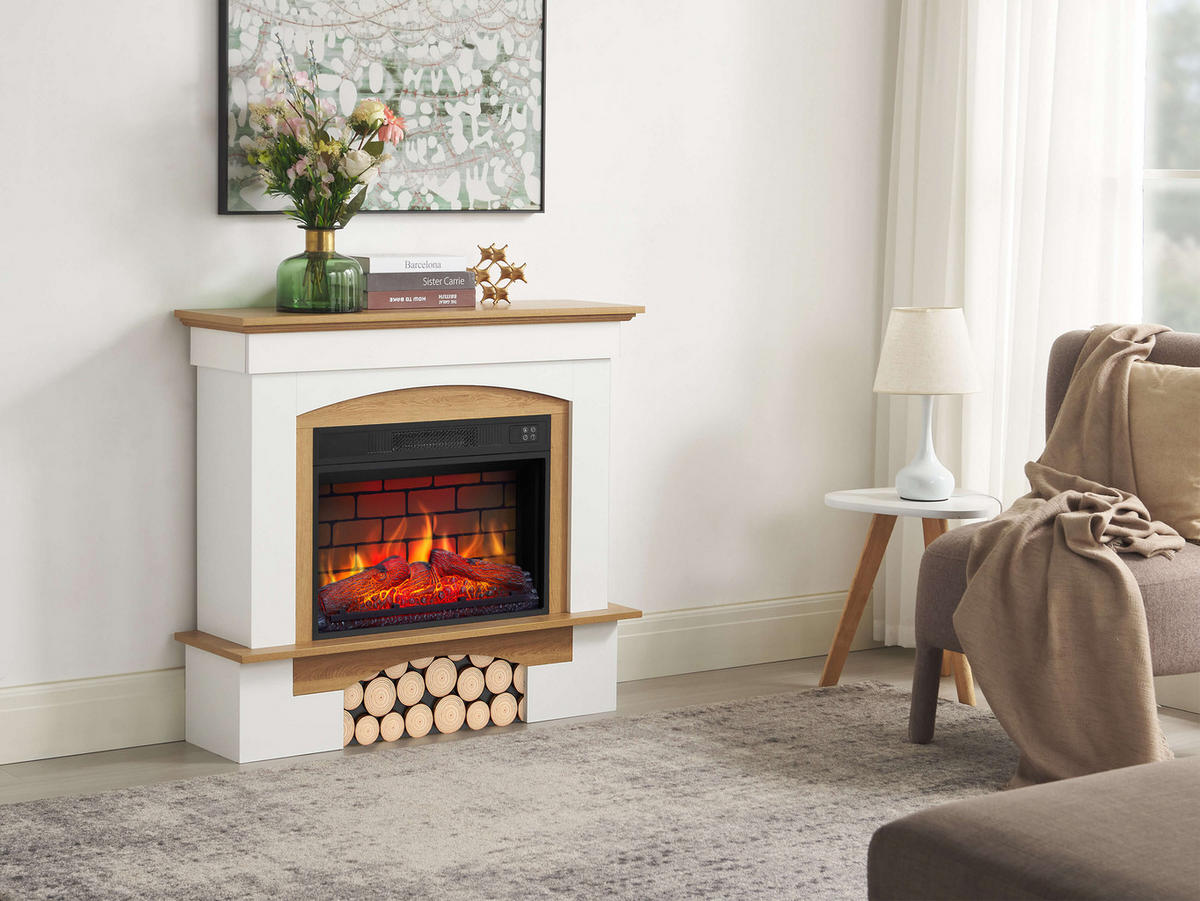 ELEKTROKAMIN Woodley AF23BS Weiß Eiche Natur – Breite 96 cm, 3D-Flammeneffekt, LED-Beleuchtung, Heizfunktion - Weiß, Glas/Holzwerkstoff (98.5/90/30cm) - ArtiFlame