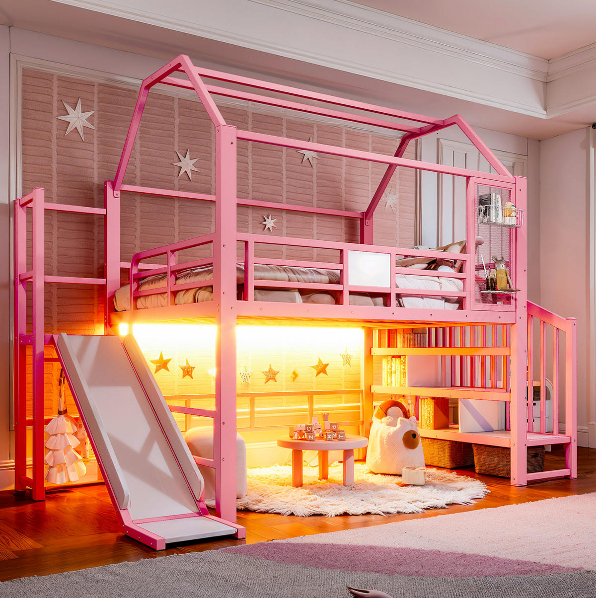 KINDERHOCHBETT 140x200 cm in Rosa mit Rutsche, Stauraumtreppe und Bluetooth-LED - Pink, Holzwerkstoff (140/200cm) - IVMEU