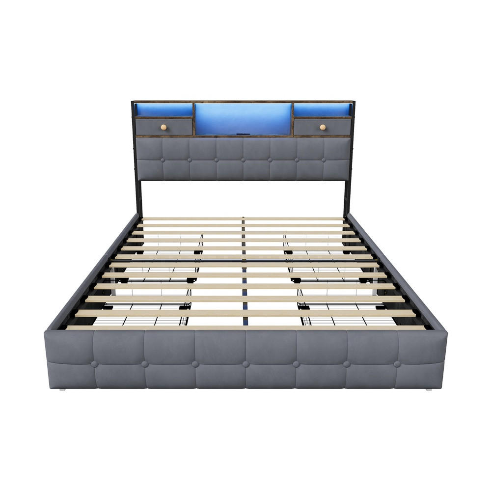 POLSTERBETT 140x200 cm mit LED-Beleuchtung - USB-Ladefunktion und 6 Schubladen - ohne Matratze - Grau - Grau, Textil (140/200cm) - DELFA