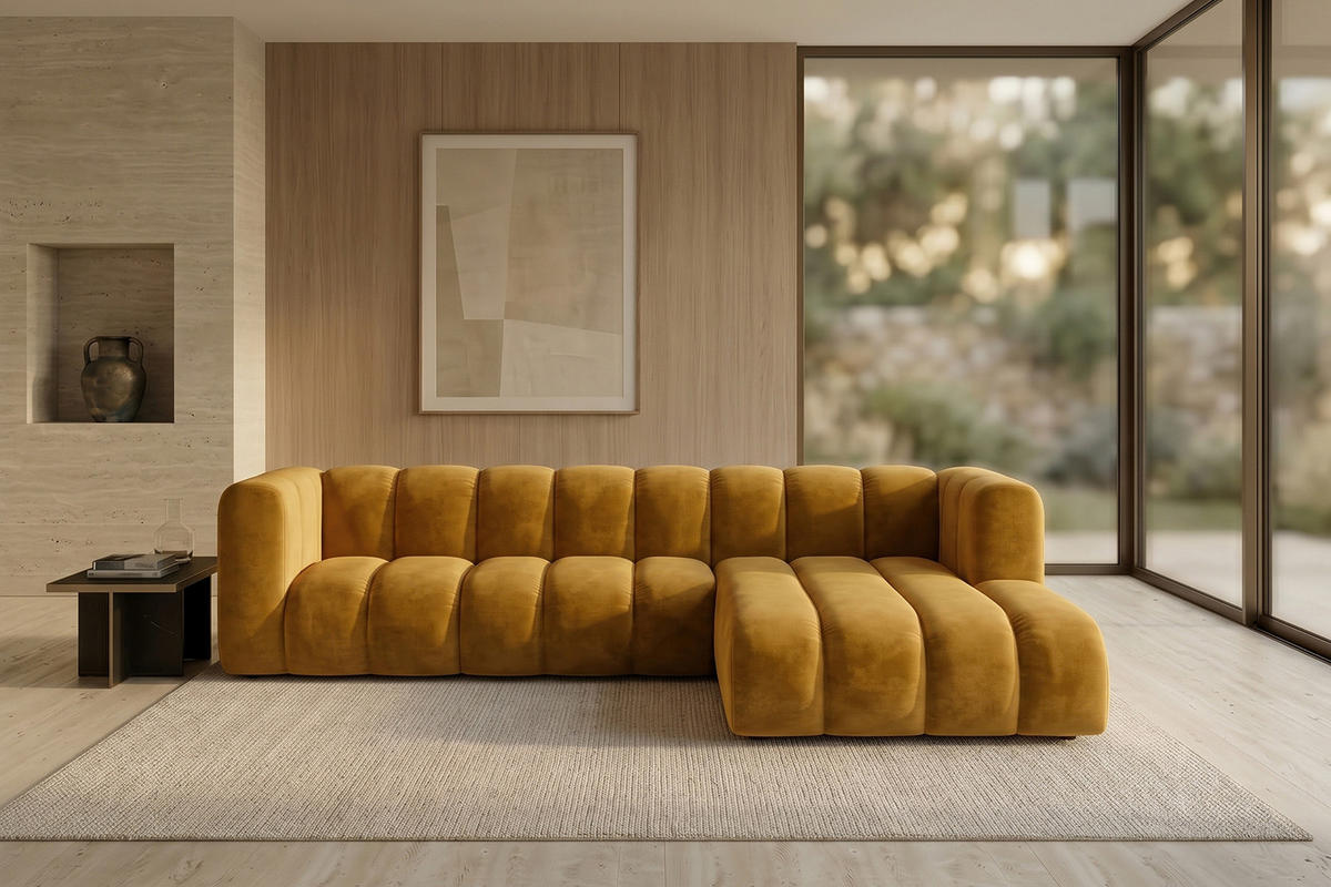 ECKSOFA Modulares In L-Form, Velvet-Stoff Riviera, Senffarbe, Rechts, GRAND 287 cm - Gelb, Holz (287/179cm) - Kaiser Möbel