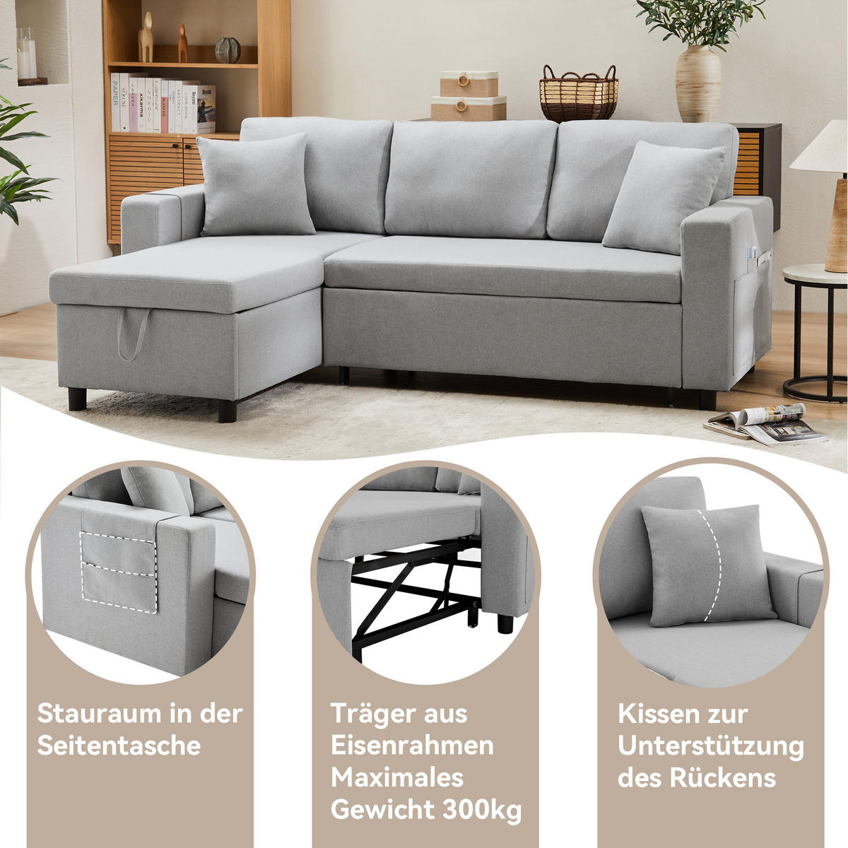 ECKSCHLAFSOFA Leinen mit Stauraum und wechselbarer Chaiselongue Grau 219,5/142,5/83 cm - Grau, Textil (83/142.5cm) - Redom