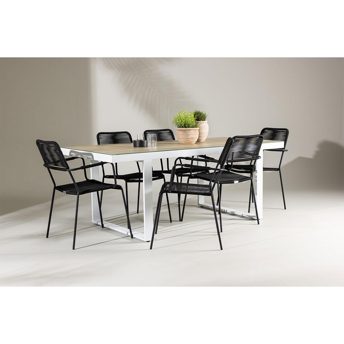 GARTENSET, Merlo, Tisch Weiß, Stühle Schwarz, Metall / Polyester, 90 x 200 x 75 cm, 7-teilig - Weiß, Metall - ebuy24