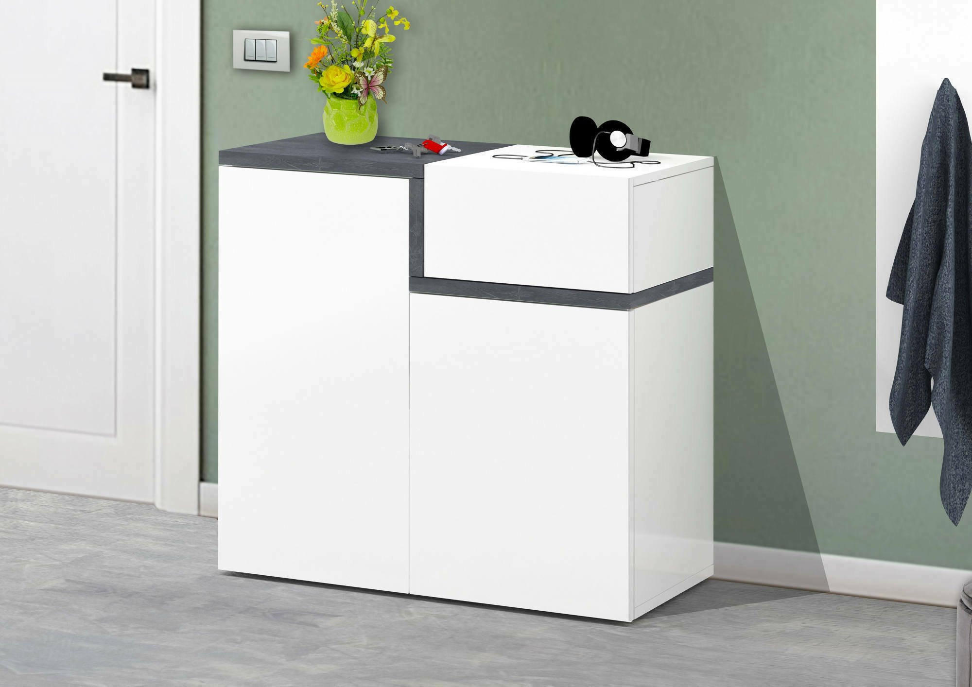 SCHUHSCHRANK Glänzendes Weiß, Schiefer 40/80/80 cm - Schieferfarben/Weiß, Holzwerkstoff (80/80/40cm) - DMORA