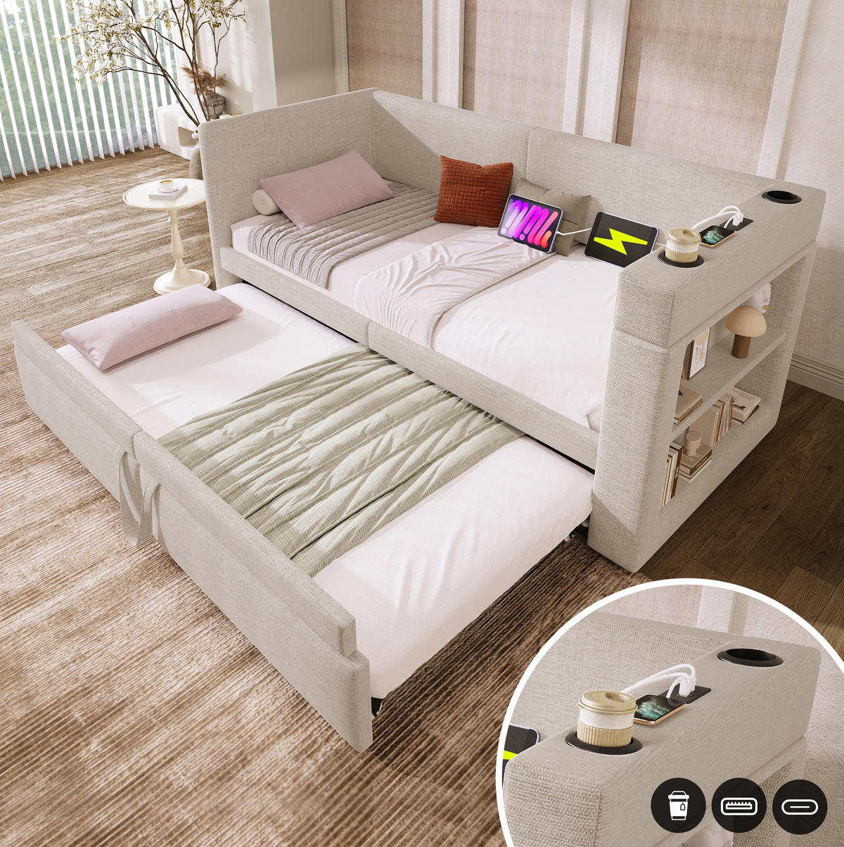 POLSTERBETT aus Baumwoll-Leinen 90x200 cm in Beige mit Ausziehbett & Ladestation - Beige, Textil (90/200cm) - Modfu