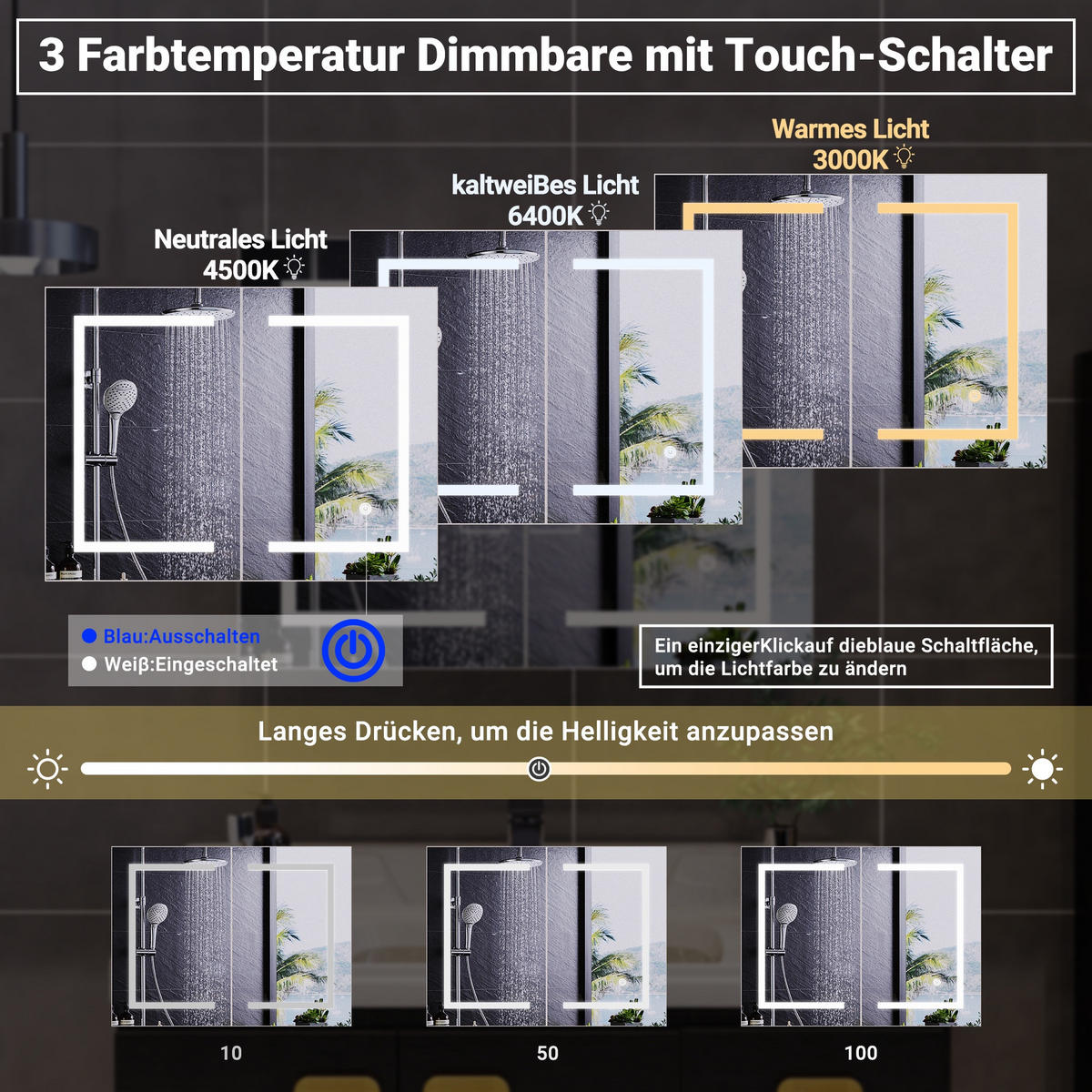 LED Spiegelschrank Bad 80x60 cm Smart-Touch 3 Farbtemperaturen Dimmbar Weiß - Weiß, Glas (80/60/13.5cm) - DELFA