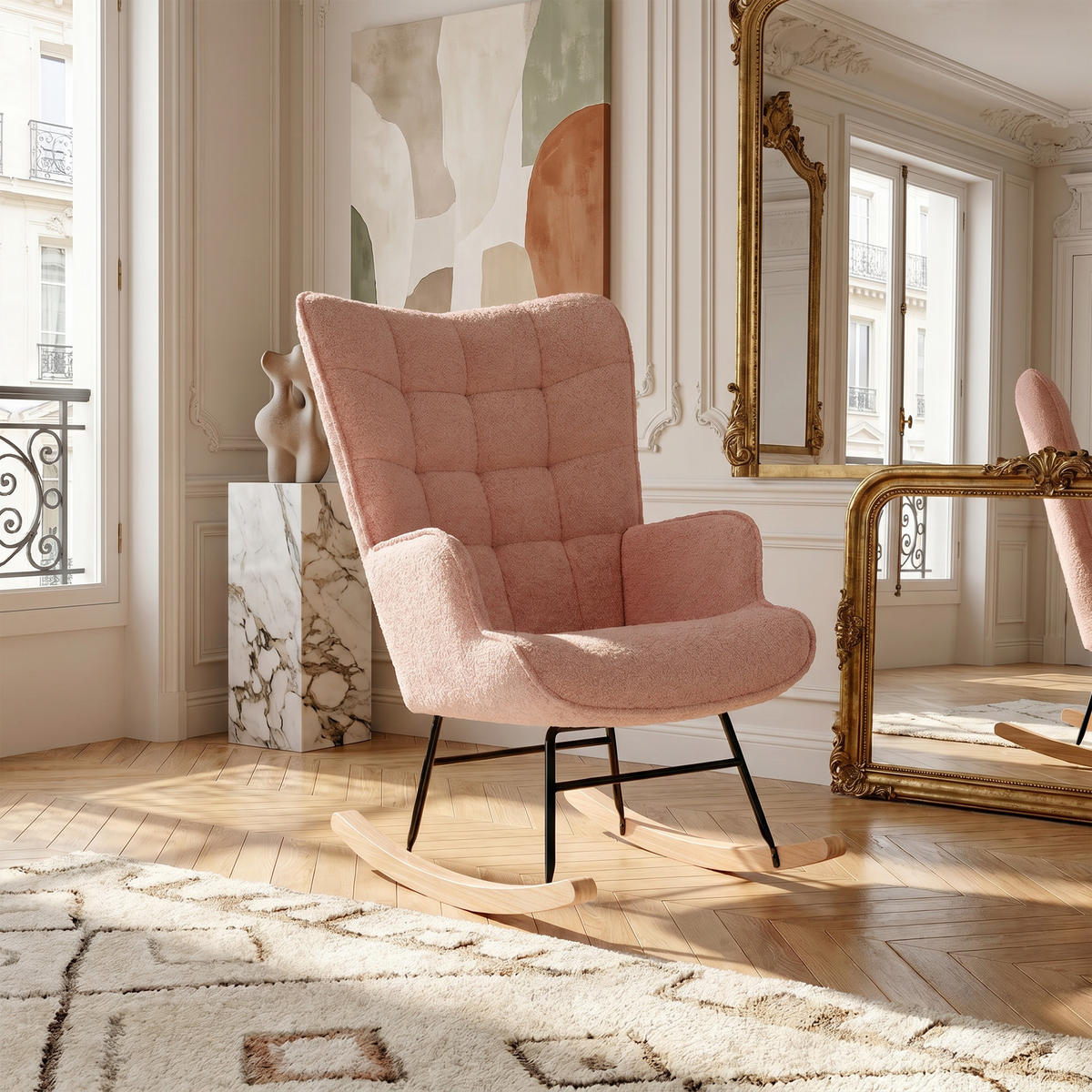 SCHAUKELSTUHL, Entspannend, Teddy-Velours, Belastbarkeit 120 kg, Rosa - Rosa/Kieferfarben, Holz/Textil (68/92/75cm) - GENKI LIVING
