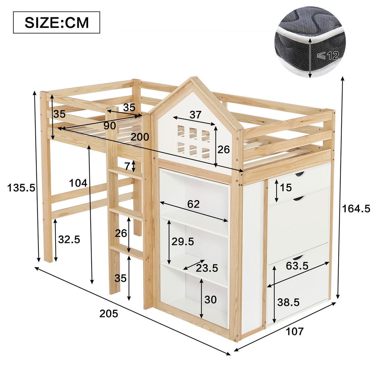 HOCHBETT 90/200 cm in Weiß/Natur mit Staufächern, Schubladen und Sicherheitsgeländer - Weiß, Holz (90/200cm) - Flora Grace
