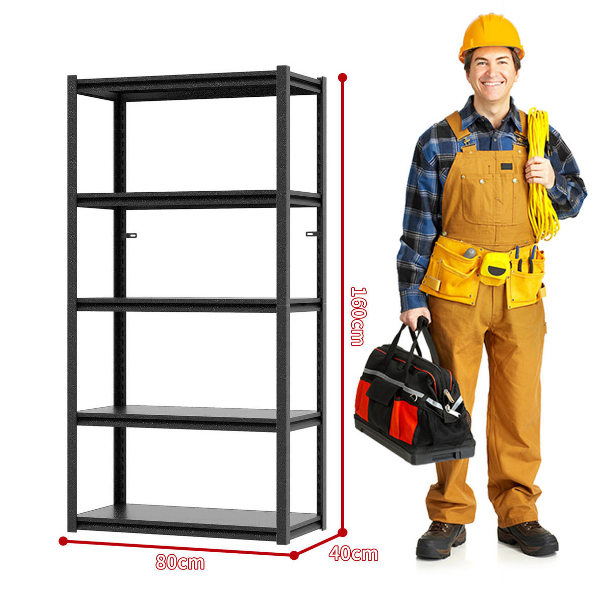 STANDREGAL 40/80/160 cm mit 5 höhenverstellbaren Ebenen und 650 kg Tragkraft, Schwarz - Silberfarben, Metall (80/160/40cm) - Redom