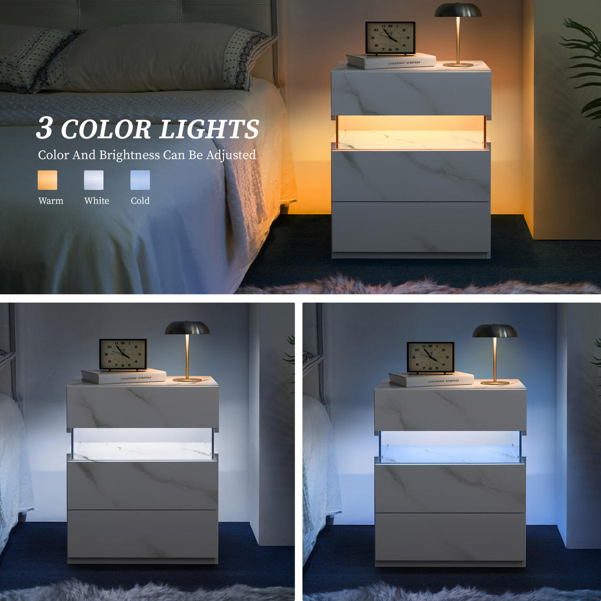 NACHTTISCH 38/48/61 cm mit 3 Schubladen, LED-Beleuchtung und Acrylblende, vielseitiger Stauraum, Mattweiß - Weiß, Holzwerkstoff (38/61/48cm) - Redom