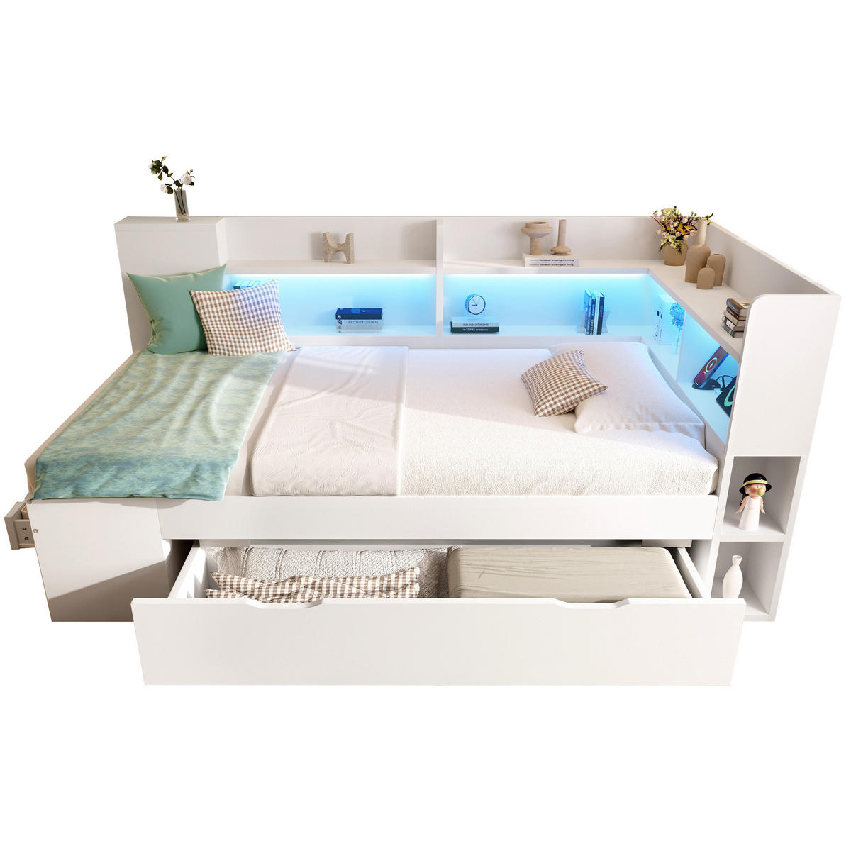 POLSTERBETT 90x190 cm in Weiß mit LED & USB-C Ladestation - Weiß, Holzwerkstoff (90/190cm) - Modfu