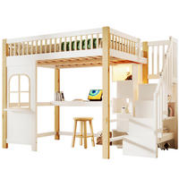 HOCHBETT 140/200 cm mit LED-Leuchten Fensterform Ablageleiter und Schreibtisch Weiß+Natur - Weiß, Holz (140/200cm) - OKWISH