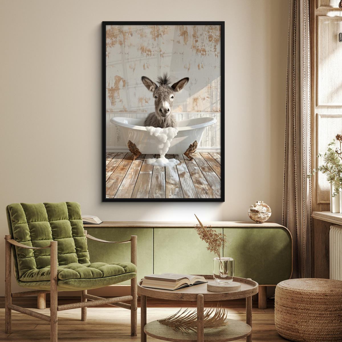 GERAHMTES BILD Esel - Tiere - Badewanne - Schaumstoff 80x120 cm - Weiß, Papier (80/120cm) - MuchoWow
