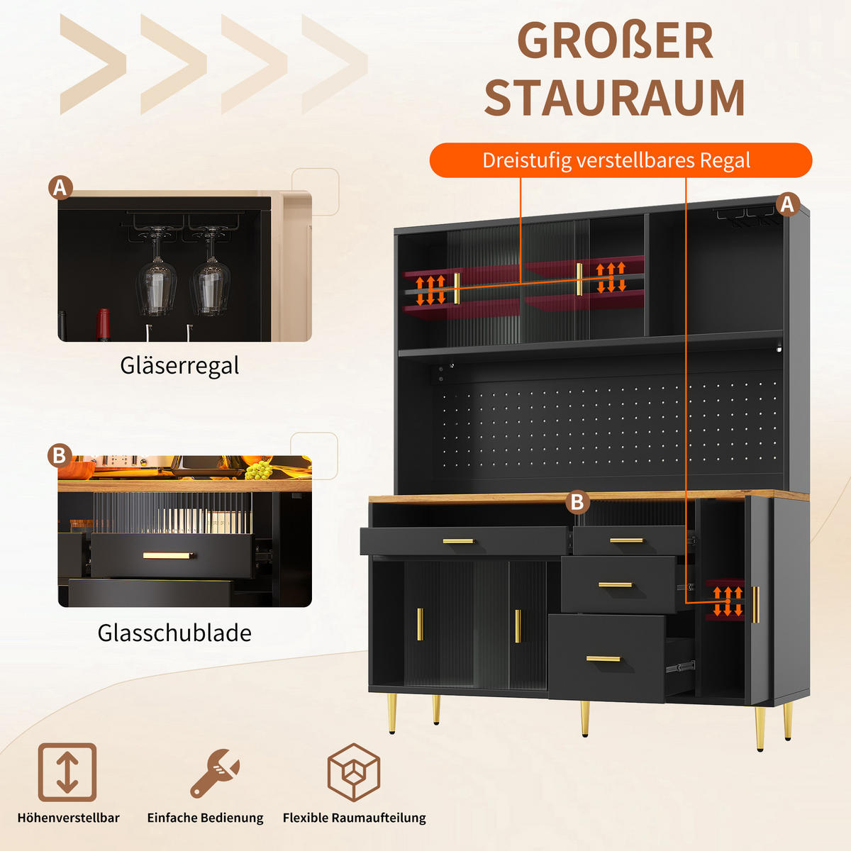 BUFFET 145/39/171 cm aus MDF und Glas mit LED-Beleuchtung und Glasschiebetüren Schwarz - Schwarz, Holzwerkstoff (145/171/24cm) - Modenvie